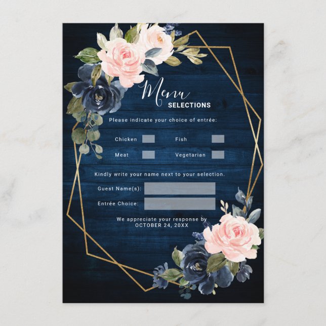 Rustic Wood Navy Blue Blush Pink Geometric Wedding Menu (Front)
