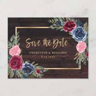 Rustic Wood Navy Blue Burgundy Gold Save The Date Announcement Postcard