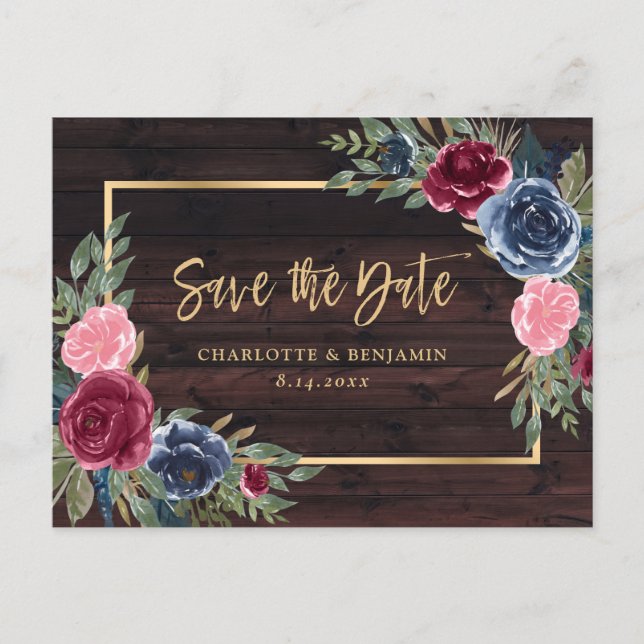 Rustic Wood Navy Blue Burgundy Gold Save The Date  Announcement Postcard (Front)
