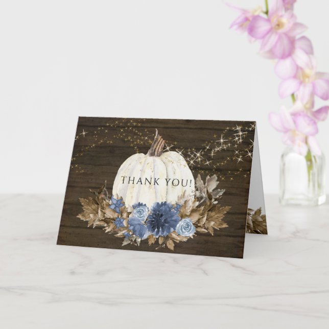 Rustic Wood Navy Blue Floral Fall Pumpkin Thanks Card (Orchid)