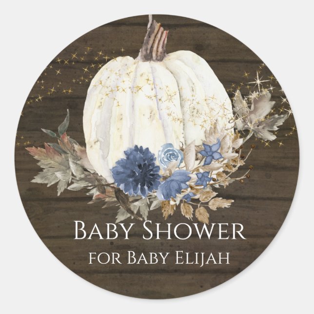 Rustic Wood Navy Blue Floral Pumpkin Baby Shower Classic Round Sticker (Front)