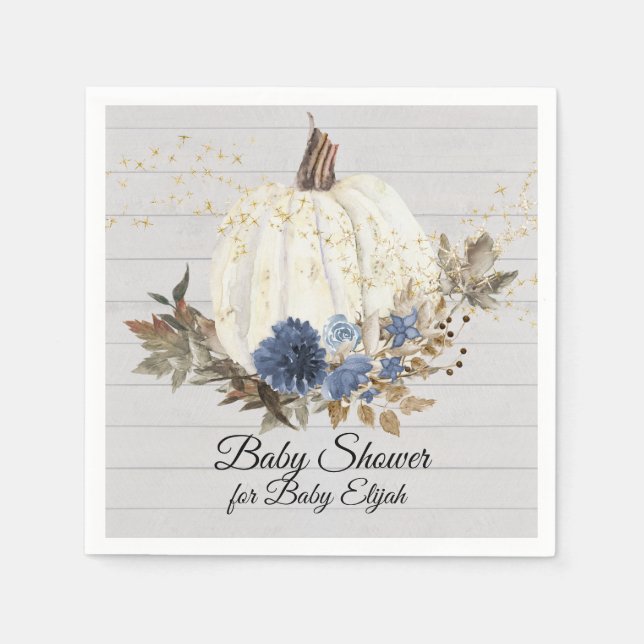 Rustic Wood Navy Blue Floral Pumpkin Baby Shower Napkin (Front)