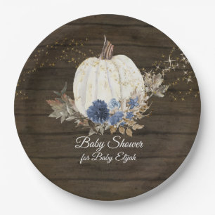 Rustic Wood Navy Blue Floral Pumpkin Baby Shower Paper Plate