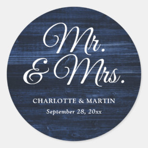 Rustic Wood Navy Blue Mr and Mrs Wedding Classic Round Sticker