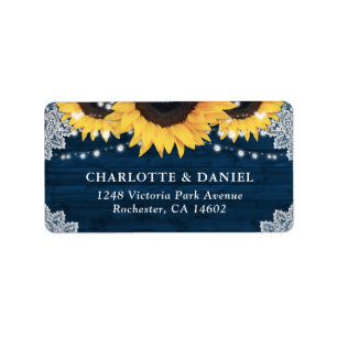 Rustic Wood Navy Blue Sunflower Wedding Address Label