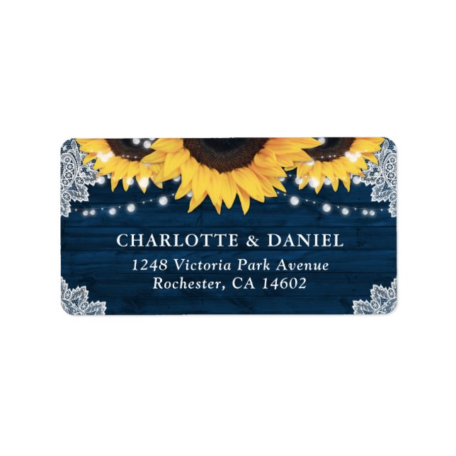 Rustic Wood Navy Blue Sunflower Wedding Address Label (Front)