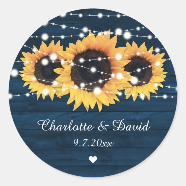 Rustic Wood Navy Blue Sunflower Wedding Stickers (Front)