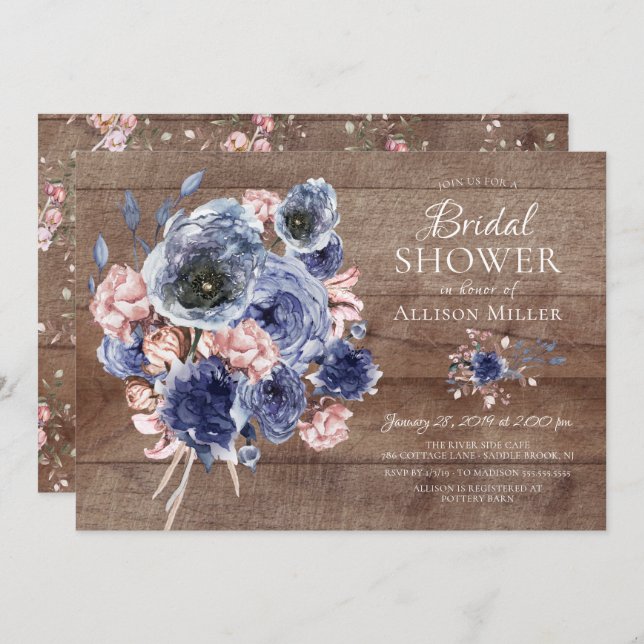 Rustic Wood Navy Blush Floral Bridal Shower Invitation (Front/Back)