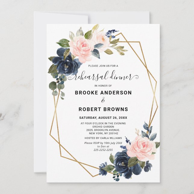 Rustic Wood Navy Blush Geometric Rehearsal Dinner Invitation (Front)