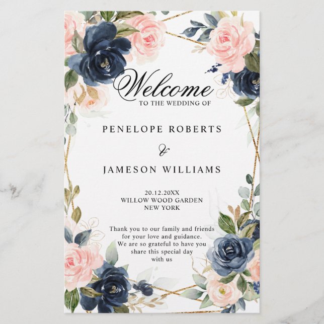 Rustic Wood Navy Blush Geometric Wedding Program (Front)