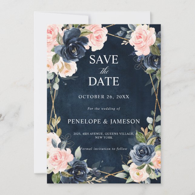 Rustic Wood Navy Blush Geometric Wedding Save The  Save The Date (Front)
