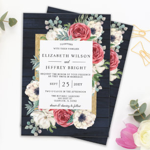 Rustic Wood Navy Burgundy Gold Floral Wedding Invitation