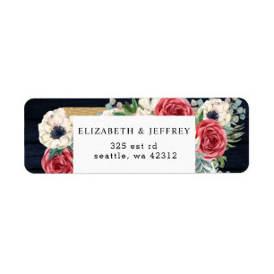 Rustic Wood Navy Burgundy Gold Floral Wedding Return Address Label