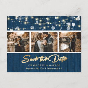 Rustic Wood Navy Gold Wedding Photo Save The Date Announcement Postcard