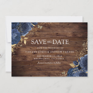 Rustic Wood Navy Indigo Roses Gold Floral Wedding Save The Date