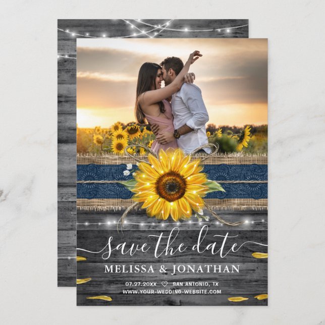Rustic Wood Navy Lace Sunflower Wedding Photo Save The Date (Front/Back)