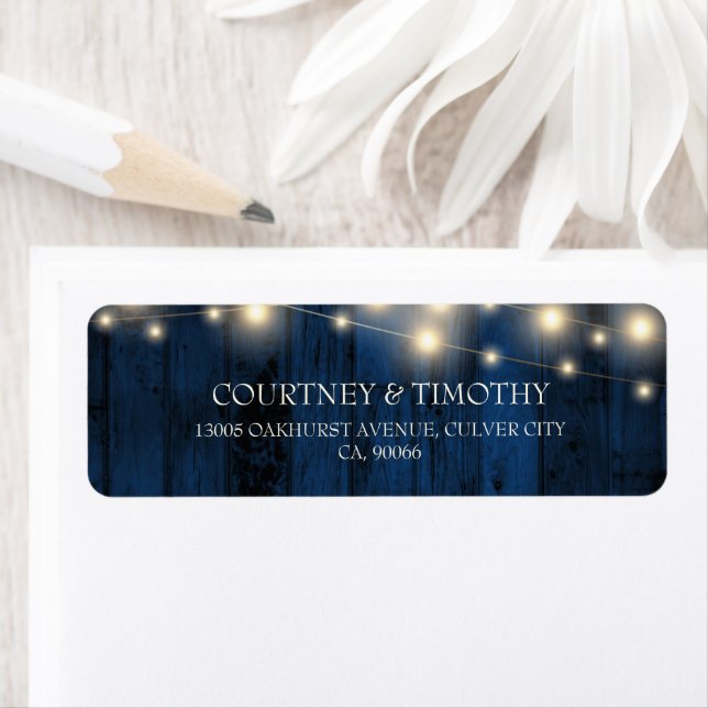 Rustic Wood Navy String Lights Return Address Label (Insitu)