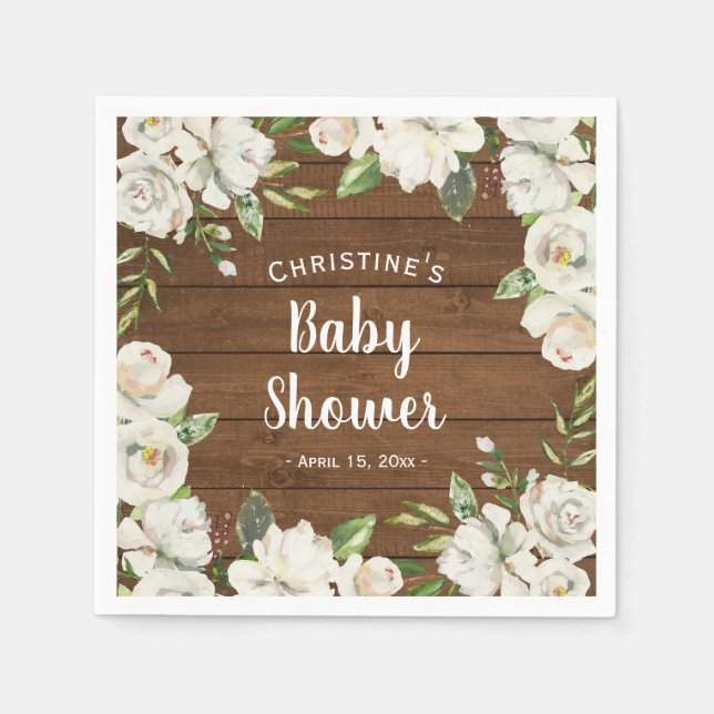 Rustic Wood Neutral Flowers Baby Shower Sprinkle Napkin (Front)