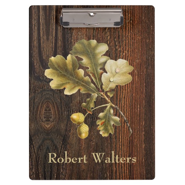 Rustic Wood, Oak Leaves, Acorns, Name Clipboard (Front)