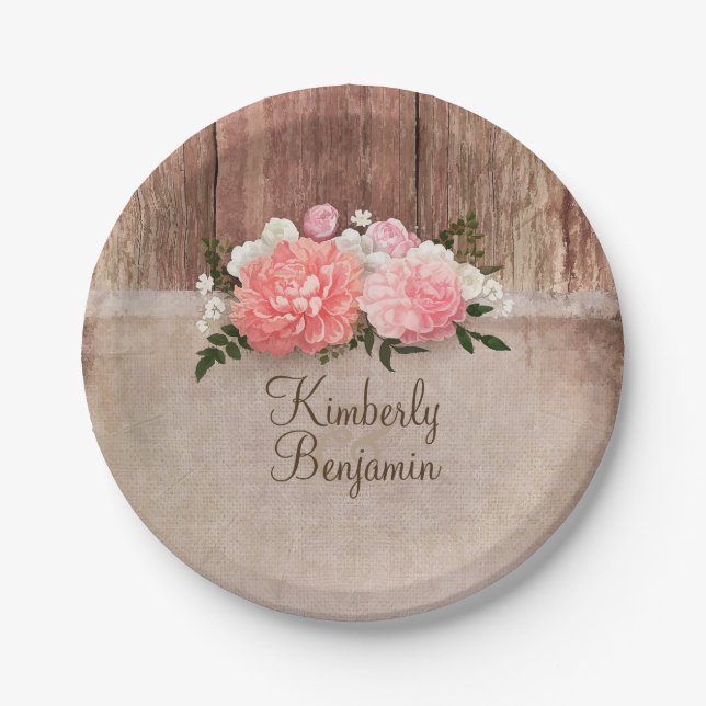 Rustic Wood Old Burlap Pink Flowers Barn Wedding Paper Plate (Front)