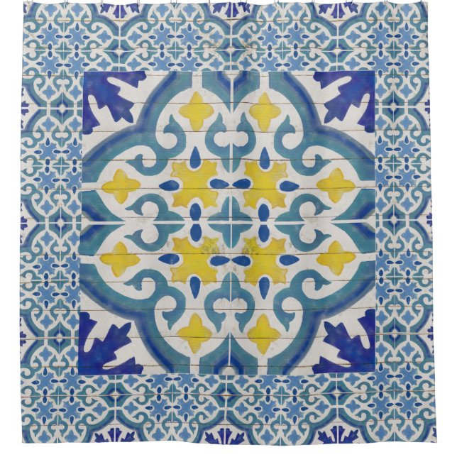 Rustic Wood Old Havana Tile Pattern Painted Blue Shower Curtain (Front)