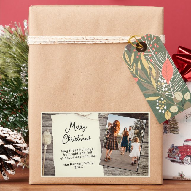 Rustic Wood Old Paper Script Christmas Photo Rectangular Sticker (Holiday)