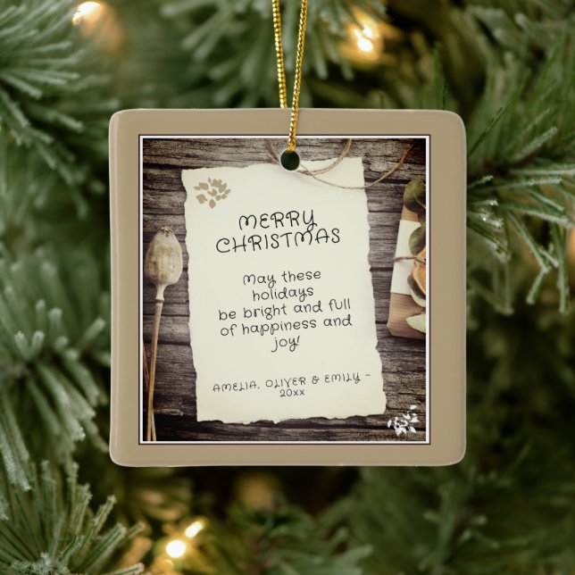 Rustic Wood Old Paper Script Merry Christmas Ceramic Ornament (Tree)