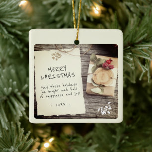 Rustic Wood Old Paper Script Merry Christmas  Ceramic Ornament