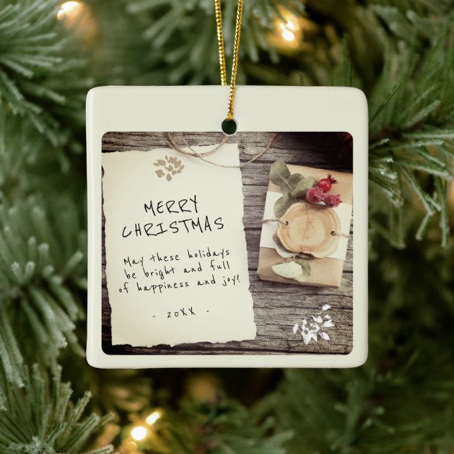 Rustic Wood Old Paper Script Merry Christmas  Ceramic Ornament (Tree)