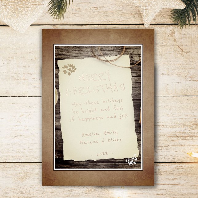Rustic Wood Old Paper Script Merry Christmas Foil Holiday Card (Creator Uploaded)