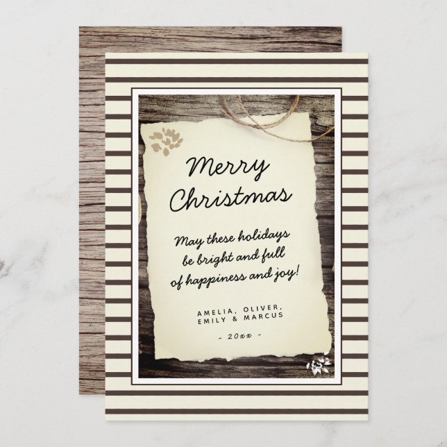 Rustic Wood Old Paper Script Merry Christmas Holiday Card (Front/Back)