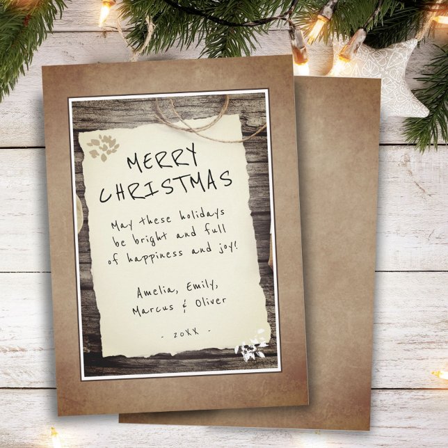 Rustic Wood Old Paper Script Merry Christmas  Holiday Card (Creator Uploaded)