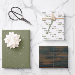 Rustic Wood Olive Green Snowflake Happy Holiday Wrapping Paper Sheet