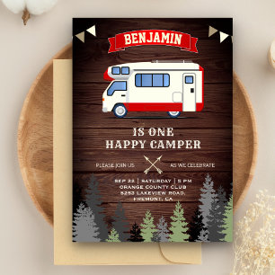 Rustic Wood One Happy Camper 1st Birthday Party Invitation