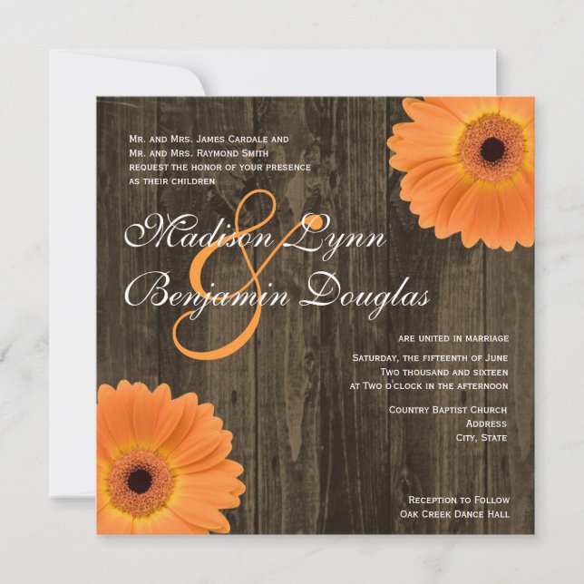Rustic Wood Orange Daisy Square Wedding Invitation (Front)