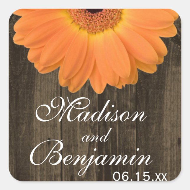 Rustic Wood Orange Daisy Wedding Favour Stickers (Front)