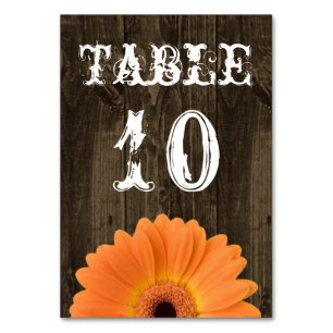 Rustic Wood Orange Daisy Wedding Table Number Card