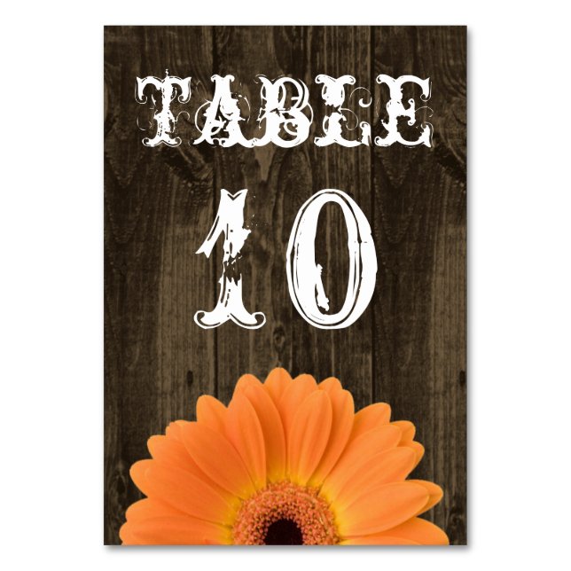 Rustic Wood Orange Daisy Wedding Table Number Card (Front)