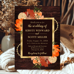 Rustic Wood & Orange Fall Floral Wedding Invitation