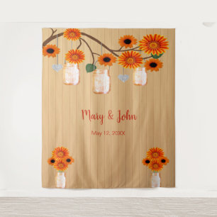 Rustic Wood Orange Floral Mason Jar Photo Backdrop Tapestry