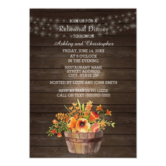 Rustic Wood Orange Flowers Wedding Rehearsal Card