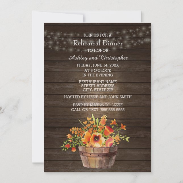 Rustic Wood Orange Flowers Wedding Rehearsal Invitation (Front)