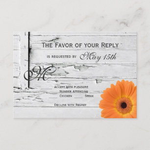 Rustic Wood Orange Gerber Daisy Wedding RSVP Cards
