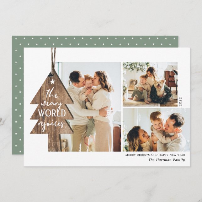 Rustic Wood Ornament 3 Photo Collage Christmas Holiday Card (Front/Back)