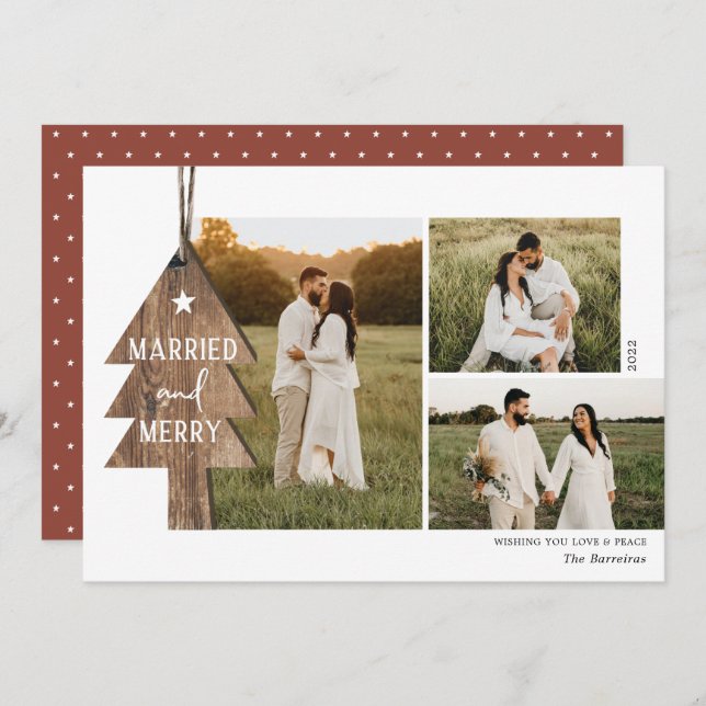 Rustic Wood Ornament Newlywed 3 Photo Christmas  Holiday Card (Front/Back)