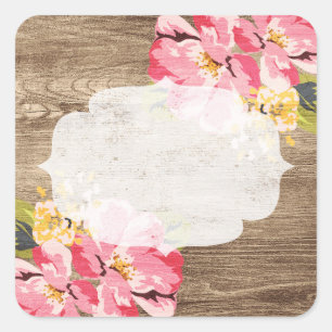 Rustic Wood & Painted Pink Hibiscus Flower Country Square Sticker