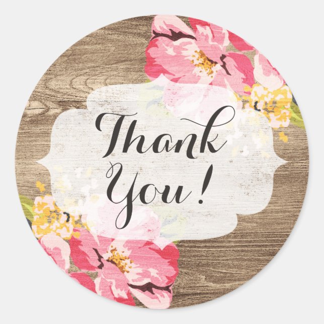 Rustic Wood & Painted Pink Hibiscus Thank You Classic Round Sticker (Front)