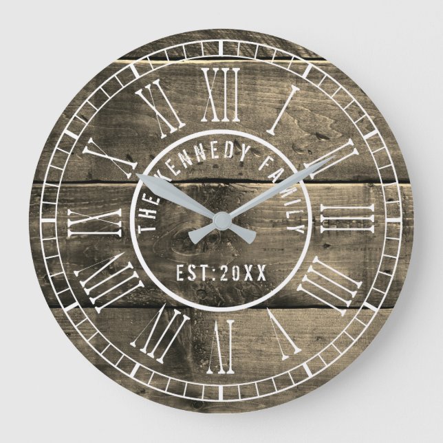 Rustic Wood Pallet Roman Numeral Family Name Large Clock (Front)