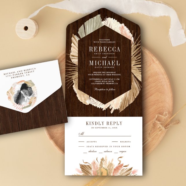 Rustic Wood Pampas Grass Dried Palm Leaves Wedding All In One Invitation (Creator Uploaded)
