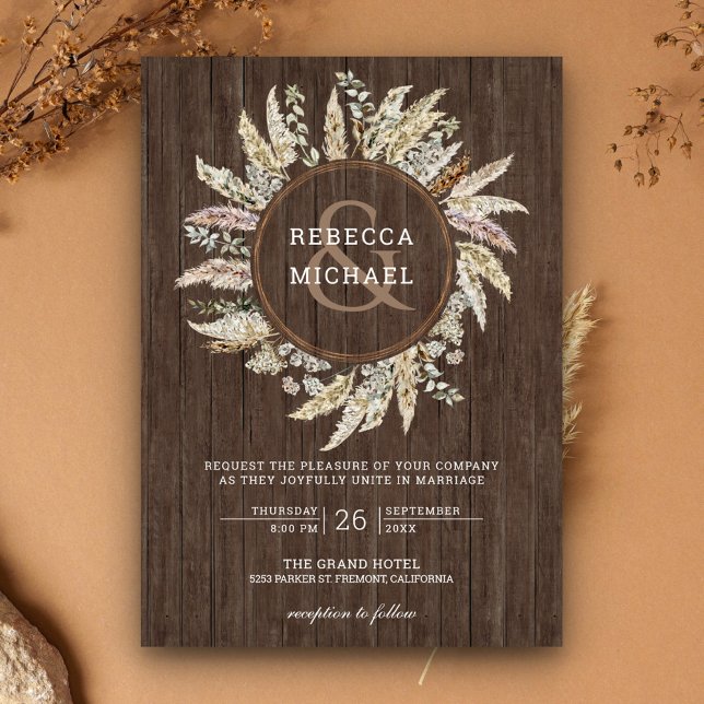 Rustic Wood Pampas Grass Wreath Ampersand Wedding Invitation (Creator Uploaded)
